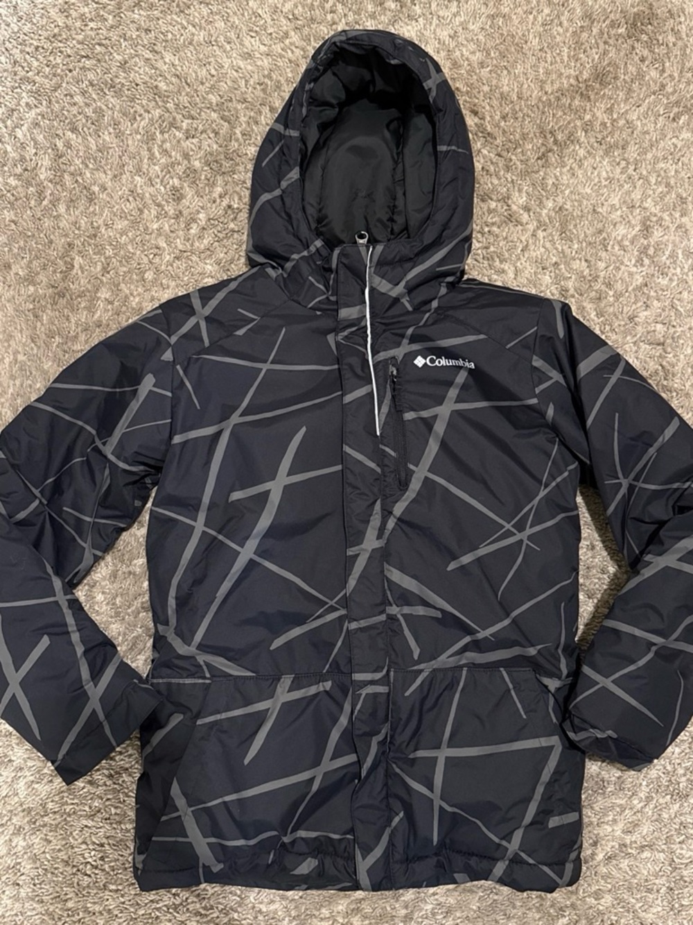 Columbia Black and Gray Kids Hooded Puffer Jacket Medium 10/12